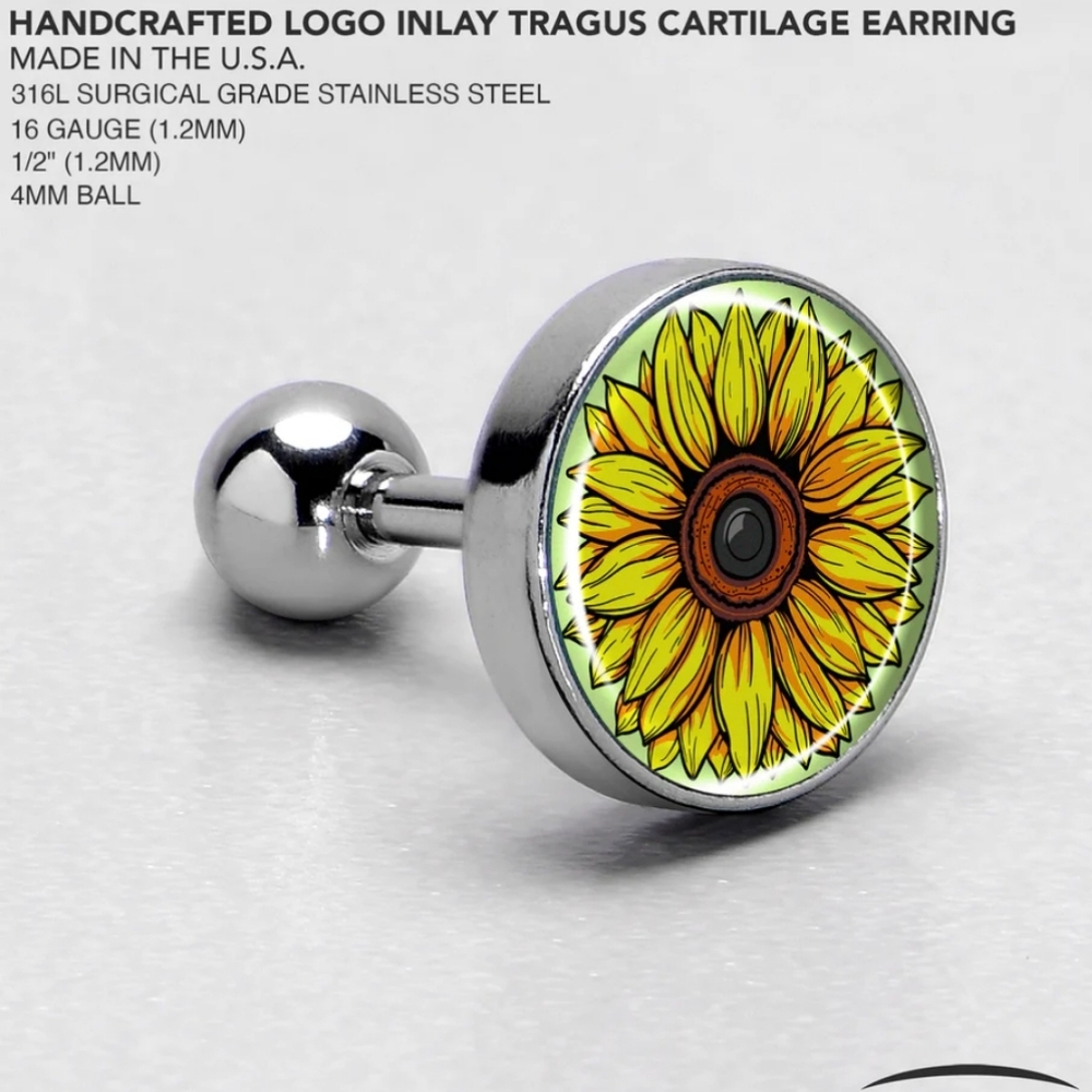 🌻 Sunflower Round Backed Earing 16G 1/4" Length-Hand Drawn Wearable Artwork!🌻
